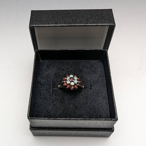 英國復古珠寶石榴石和珍珠純銀戒指